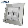 Livolo Grey Crystal Glass Panel VL-C792C-15 Wall 2 Gang RJ45 Computer/Internet Socket / Outlet Electric Plug